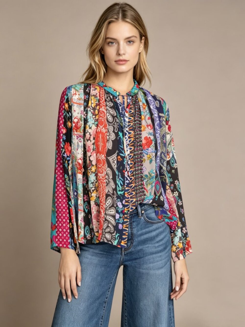 NWOT Johnny Was Treble Sofia Button Up Boho Style Silk Shirt Blouse Size S